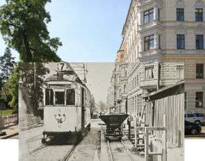 Collage aus alten und neuen Bildern der Großen Werders - mit und ohne Straßenbahn